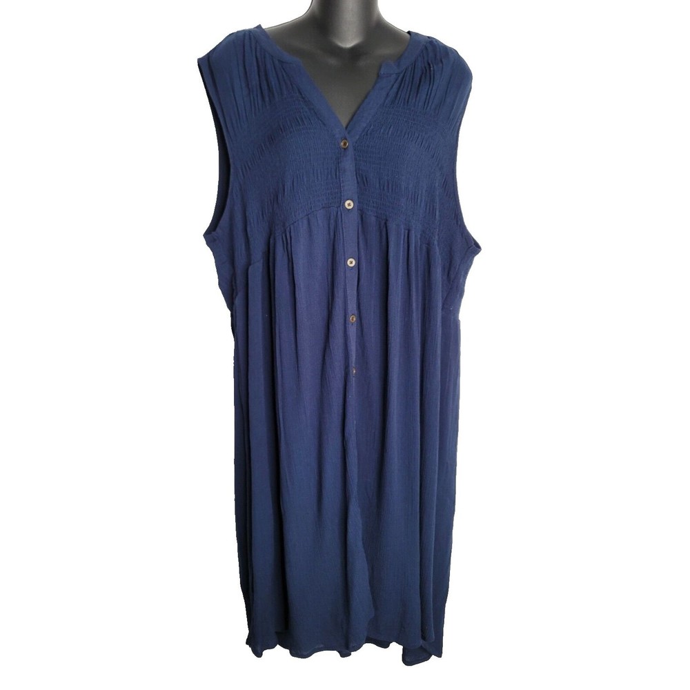 Knox Rose Shirt Dress Womens XXL NEW‎ Sleeveless Smocked Button Navy Blue